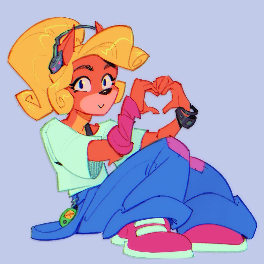 A digital drawing of Coco Bandicoot sitting on the floor looking at the viewer and making a heart hand gesture.