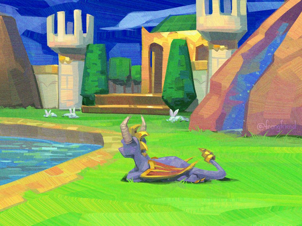 A painting of Midday Gardens from Spyro 3, with Spyro the Dragon resting in the sun and observing bunnies in the background