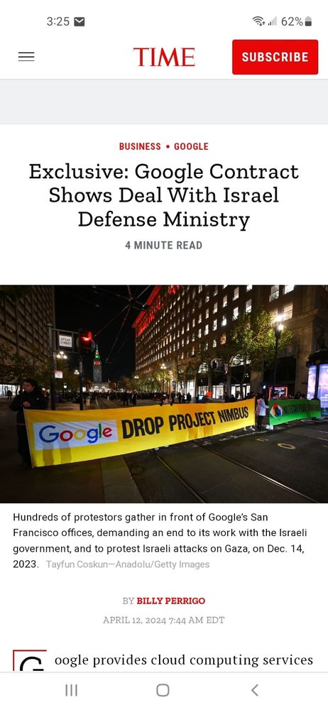 Time magazine article on the contracts between Google and the apartheid israel military war criminals.