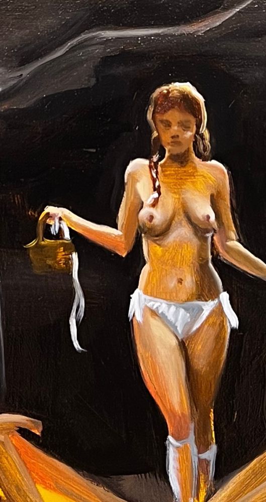 A conventionally attractive woman is painted in loose but realistic brushstrokes in warm earth tones. She wears white panties and sheer knee high socks, walking in front of a rocky outcrop with a basket. Her auburn hair is in braids with white ribbon intertwined and there is also a ribbon on her basket. 