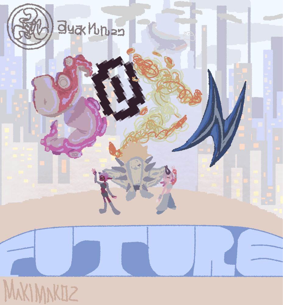 Deep cut stands in  the middle of the desert. All in their grandfest outfits, which all give futuristic vibes. The background consists of a white city with high rises above the clouds. Captioned with "join future" with highly stylized font, sleek, metallic, organic, and pixelated designs.