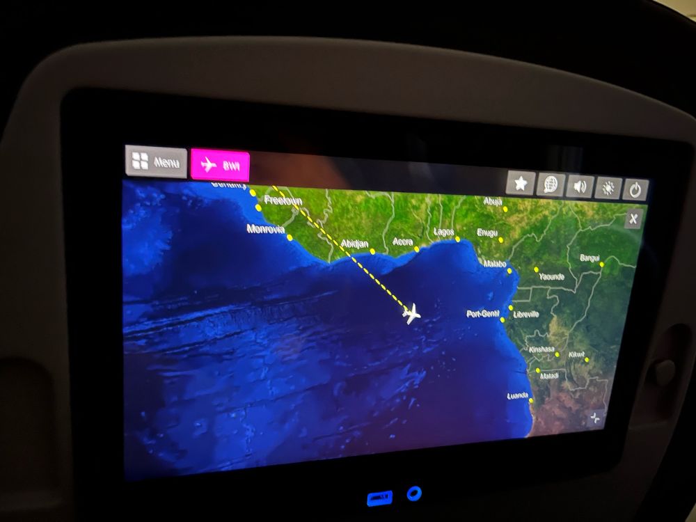 Airplane map showing airplane off of the coast of africa.