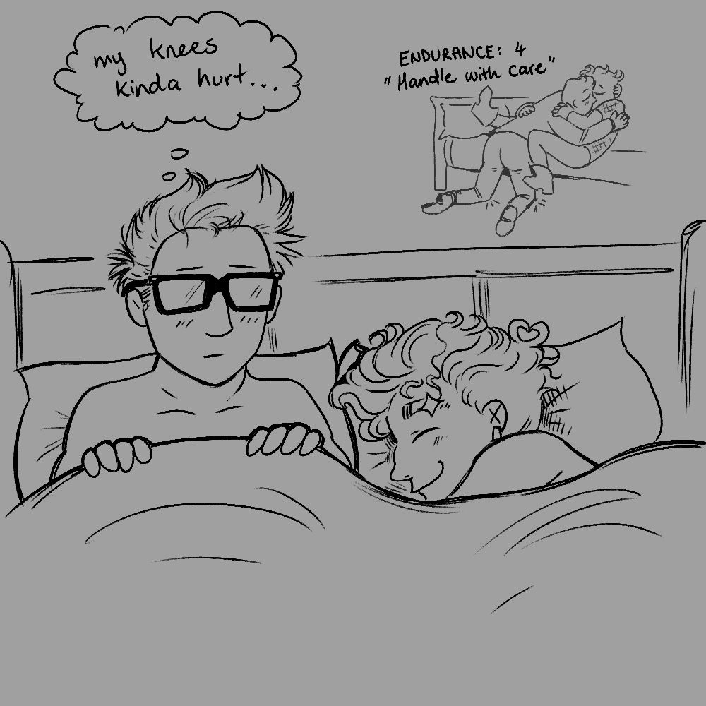 Some time later, with less clothing. Arcade has woken up and thinks about how his knees hurt. A smaller picture reveals why: Arcade was on his knees while leaning over the bed to make out with his boyfriend. Six is asleep next to him with a happy smile on his face.