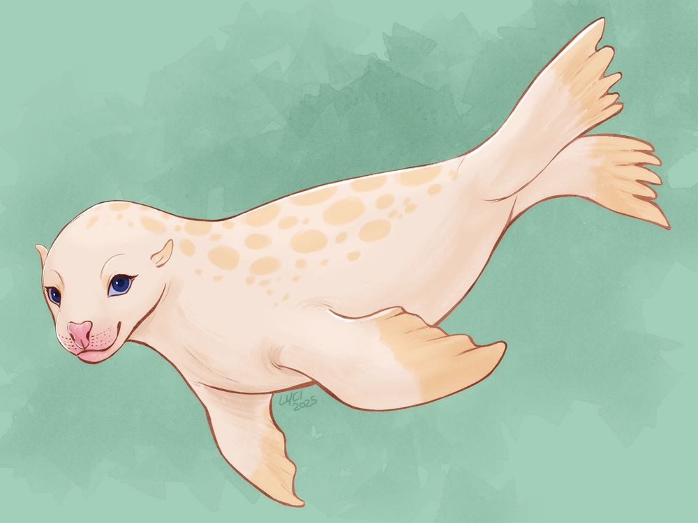 A digital drawing of a cream Australian sea lion with darker beige spots and seal point tips. She has a pink nose and dark blue eyes. The background is pastel mint green with watercolour textures. It is signed Lyci 2025.