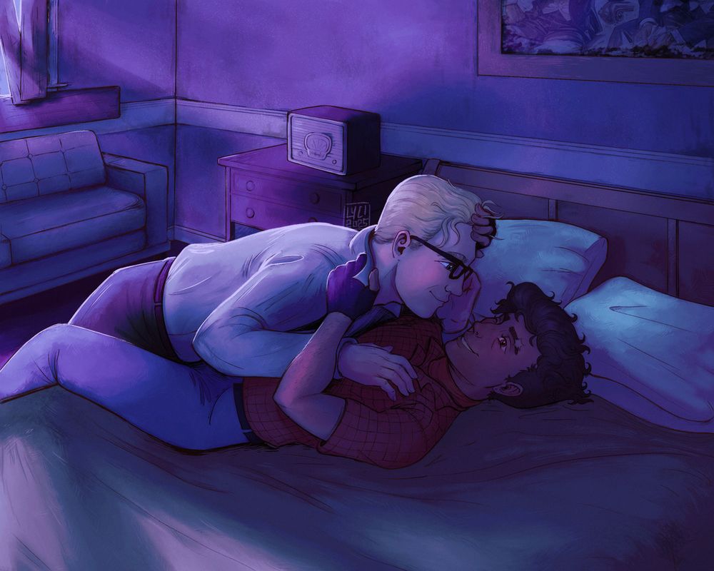 The Novac motel room in Fallout New Vegas at night. Perched over the bed is Arcade Gannon looking adoringly at his boyfriend, the Courier while they embrace.