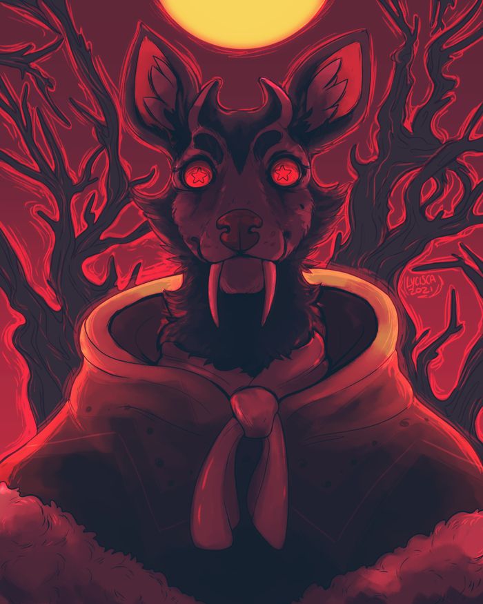 An anthromorphic/furry drawing of a musk deer with long tusks against a red background. Several dead trees frame the deer and the yellow moon in the sky. The deer is wearing a fluffy poncho and is looking at the camera with big red eyes with star shaped pupils.