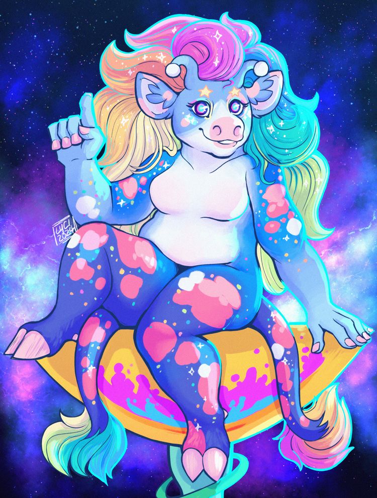 A colourful anthro cow with big rainbow hair. She's sitting on what looks like a cocktail glass surrounded by a blue-purple nebula.