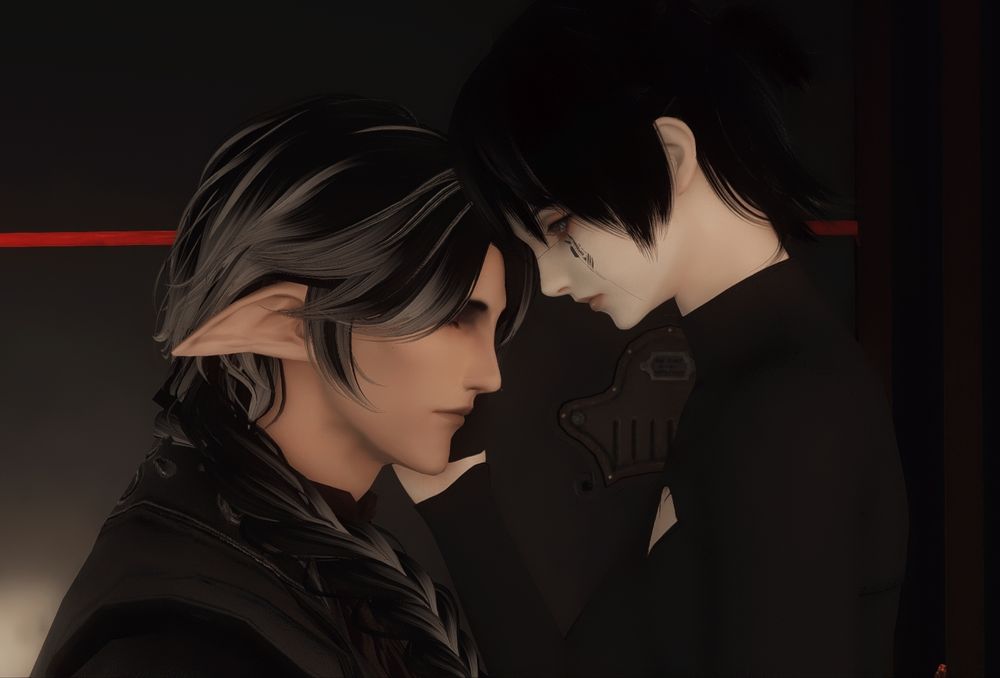 Side profile shots of Arc, an older male elezen, and Doll who is a small, pale android. 
