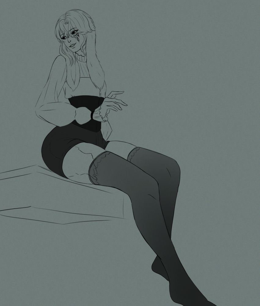 Lazuli sitting at an above angle wearing a white blouse, high waisted shorts, and stockings 
