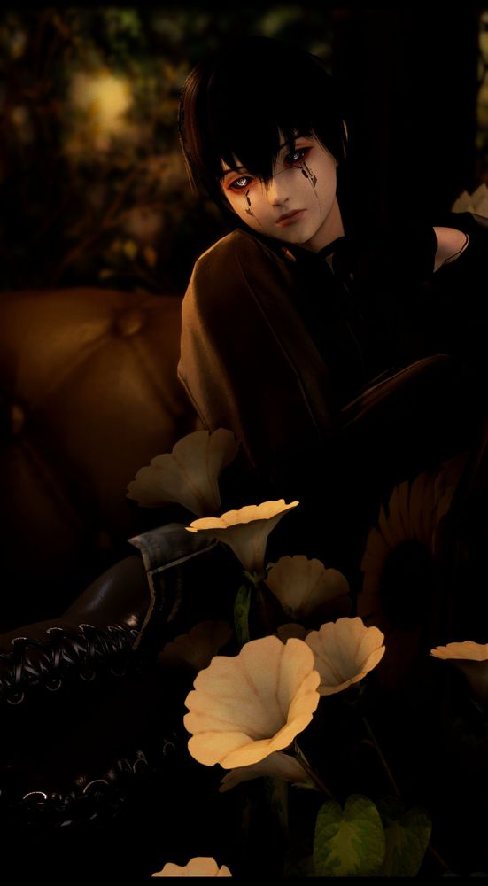 Doll, an android, reclining on a sofa surrounded by warm lighting and white flowers. 