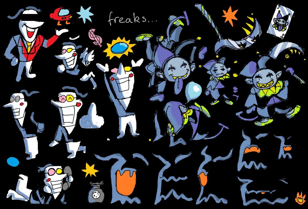 an mspaint doodle compilation of deltarunes CH1-3 secret bosses, Spamton, Jevil and ERAM(?)