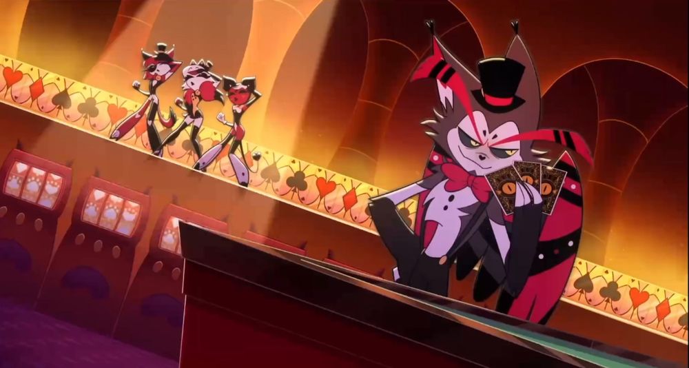 3 dancers in the background of Husk’s casino where Husk is posing with 3 cards and a smug face, signifying he’s got winning cards