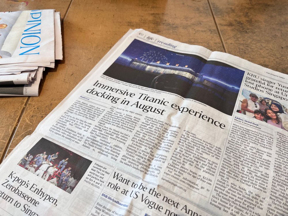 Headline from The Straits Times saying “Immersive Titanic Experience Docking in August”