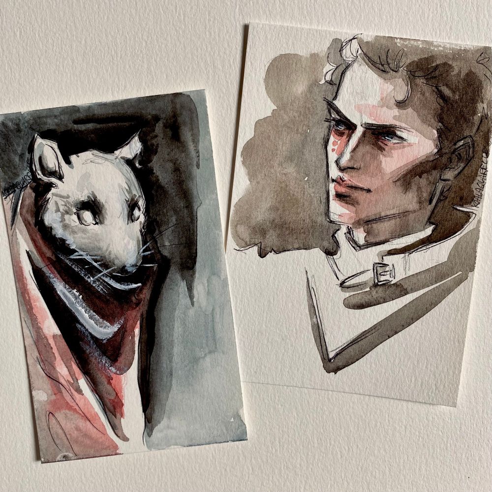 Watercolor sketches of the rat prophet and Artemy Burakh from the game pathologic 