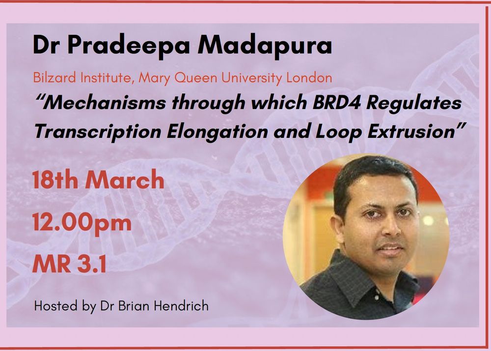 Talk announcement: Pradeepa Madapura, "Mechamisms through which BRD4 regulates transcription elongation and loop extrusion", 18 March, 12:00. MR3.1, Jeffrey Cheah Biomedical Centre