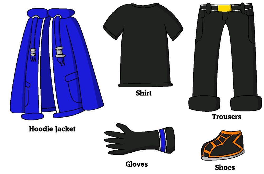 A group of clothes for my new redesign. There is a hoodie jacket, a shirt, a glove, a shoe, and trousers.