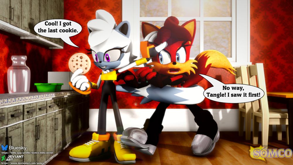 A Sonic the Hedgehog Source Filmmaker render. Tangle the Lemur is holding a cookie as Fiona Fox tries to take it off her. Tangle is pushing Fiona away with her left hand and her tail. Both of them are fighting over the last remaining cookie.
