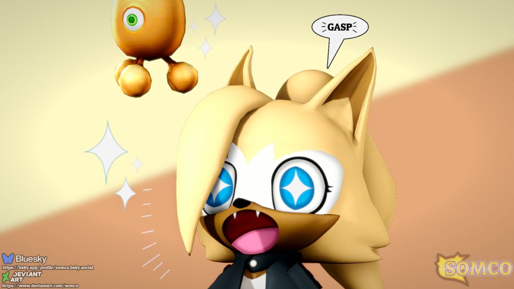 A Sonic the Hedgehog Source Filmmaker render. Whisper the Wolf has a surprised expression with her eyes and her mouth wide open. There is a Rocket Wisp next to her.