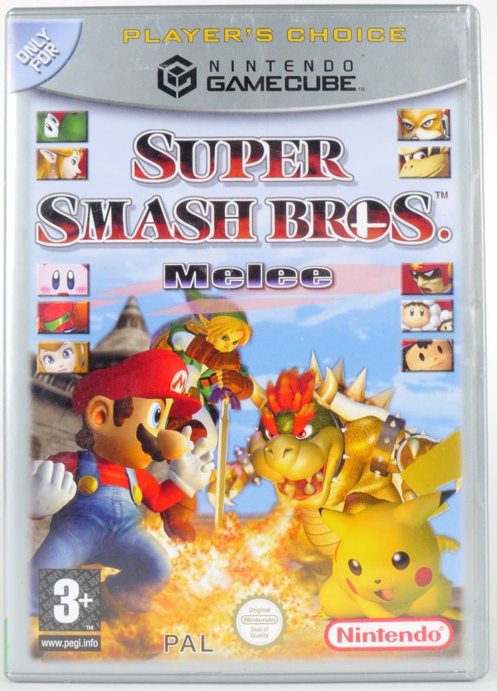 The European cover of Super Smash Bros. Melee for the Nintendo GameCube with Mario, Link, Bowser, and Pikachu battling it out. The other characters featured on the cover are Yoshi, Fox, Zelda, Donkey Kong, Kirby, Captain Falcon, Samus, Ice Climbers, Peach, and Ness.