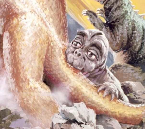 The sweet and precious Prince of the Monsters chomping on the backside of a space dragon.