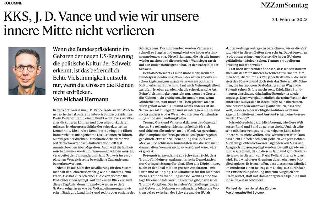 Screenshot einer Kolumne von Michael Hermann in der NZZ am Sonntag. Er spricht sich für eine Demokratie aus, in der Mehrheiten Rücksicht nehmen auf Minderheiten. 