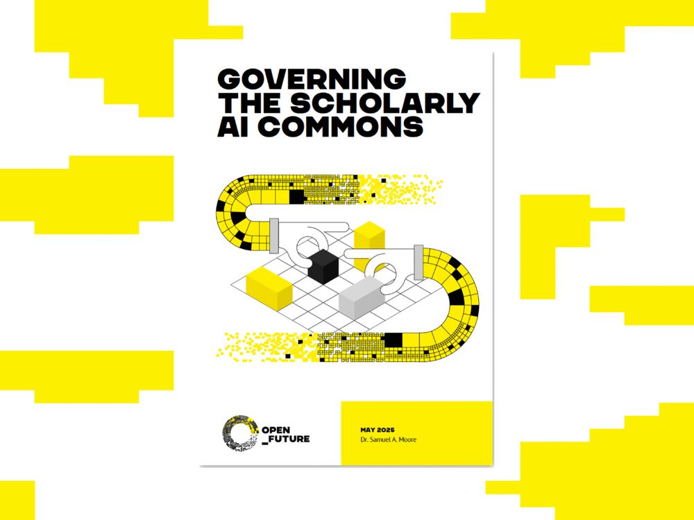 "Governing the scholarly AI Commons" report cover with Open Future background image.