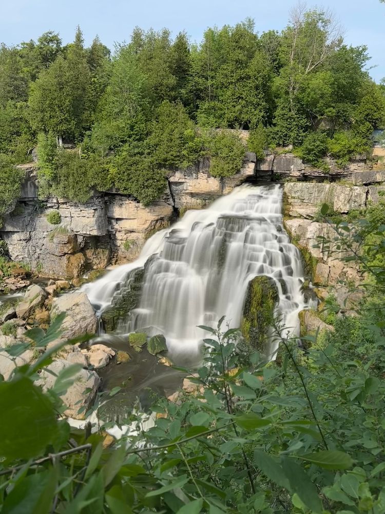 A large cascade waterfall among yellow-ish lime stone rocks. Green trees are growing on the top of the cliff that the waterfall drops from. Green plants are seen in the foreground.