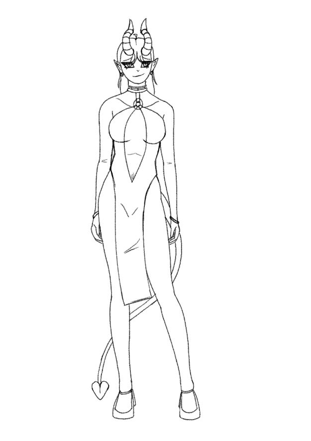 Black and white sketch of a long-haired woman with horns and a tail in a revealing dress and high heels, adorned with jewelry