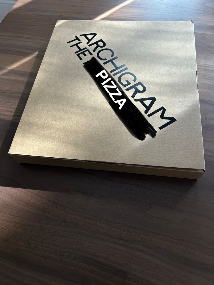 The outer box for the newly released ARCHIGRAM facsimile looks like a pizza box in this photo where I scribbled out “MAGAZINE” and wrote in PIZZA so it says “ARCHIGRAM THE PIZZA”