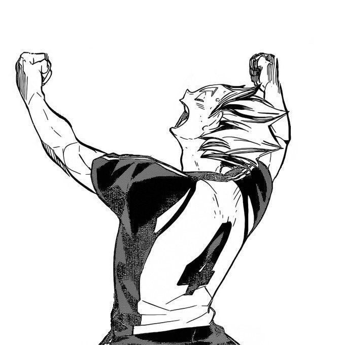 Image of the character Bokuto Koutaro, celebrating with his arms up while smiling. He wears Fukurodani’s uniform with the number 4.