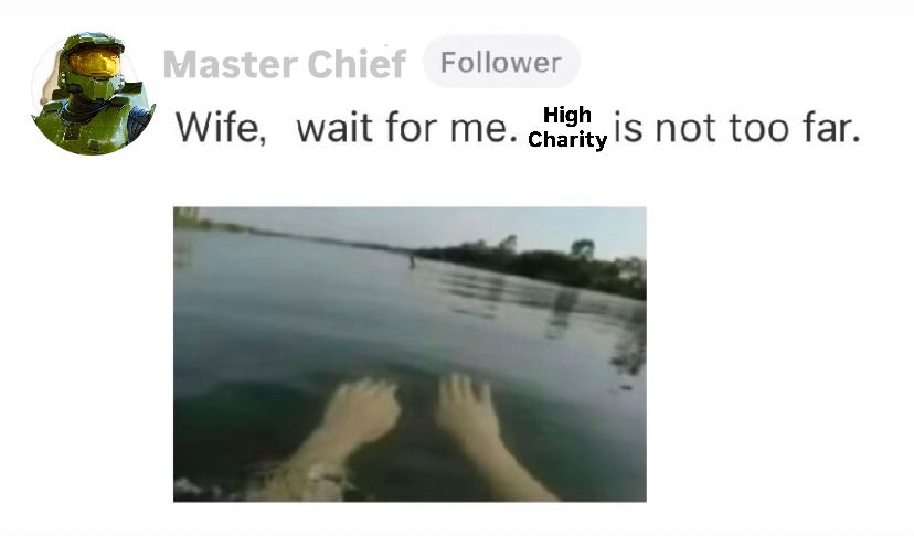RedNote comment edited to be from Master Chief that reads: wife, wait for me. High Charity is not too far. Below is a first person pov image of someone swimming in the ocean.