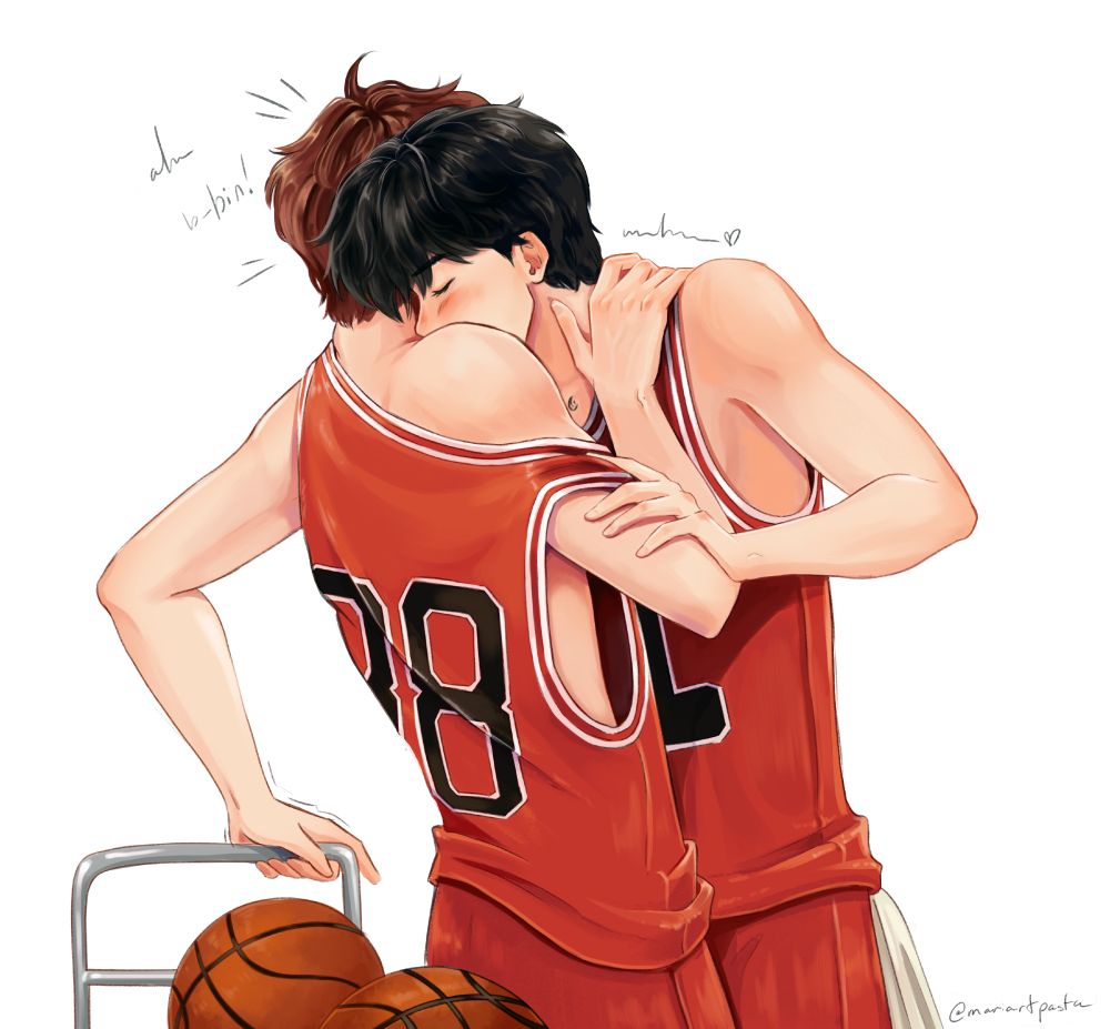 drawing of hanbin biting hao's shoulder on the basketball court bc theyre both ass at basketball 