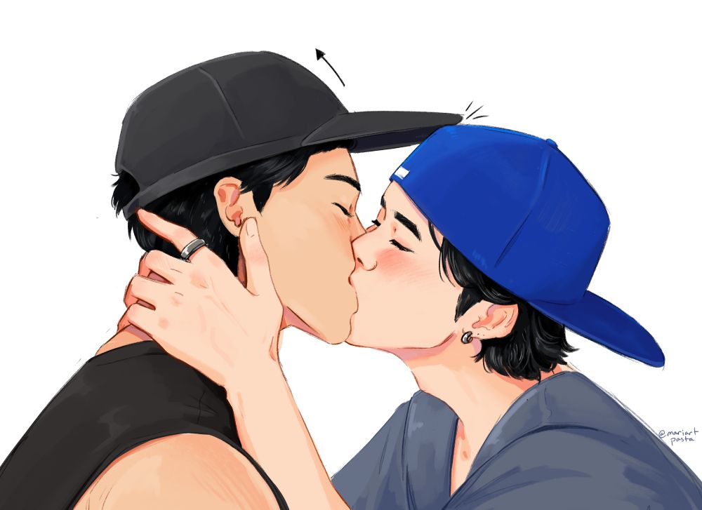 drawing of yoongi and namjoon kissingggggggg in their baseball hats, yoongi turned his around to kiss namjoon better but namjoons is getting bumped off his head