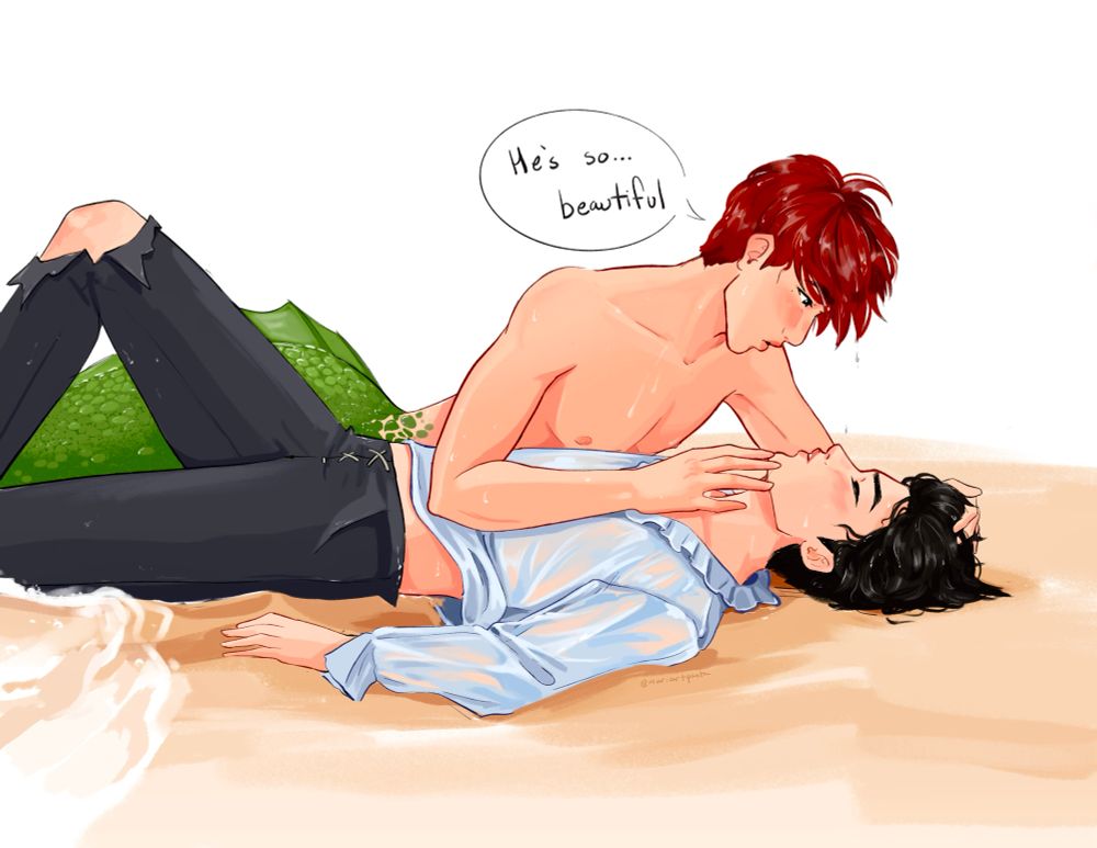 Little mermaid Hao and prince eric Hanbin in the first meeting scene after Hao rescues Hanbin from the sea 