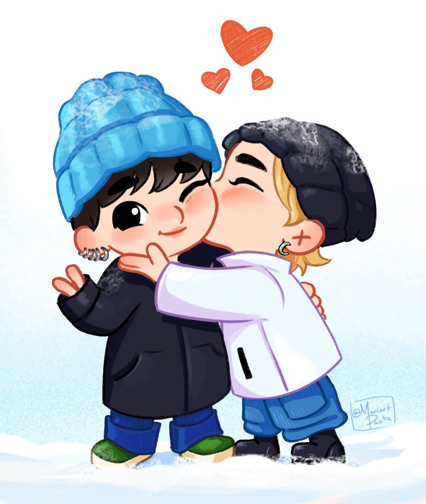 art of teeny tiny jikook in the snow from are you sure, Jimin is giving Jungkook a cheek kiss and Jungkook is the happiest in the whole world! And I want to cry just thinking about them!