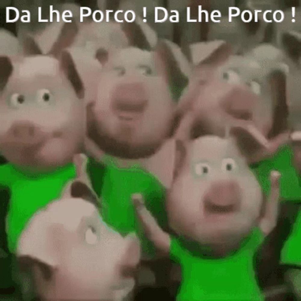 a group of cartoon pigs wearing green shirts are dancing together