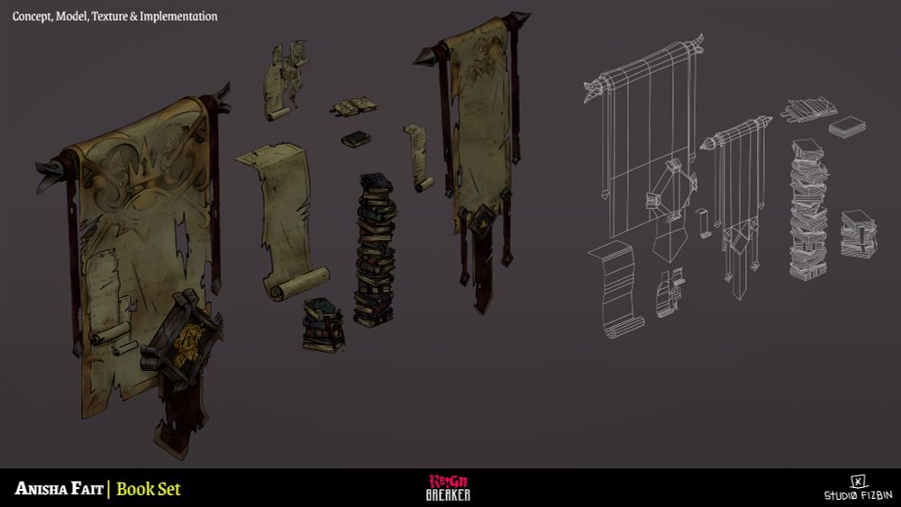 A set of scrolls and books in 3D together with their wireframe version