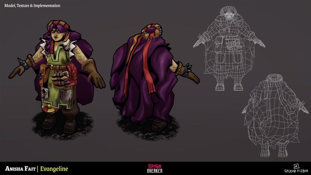 The character Evangeline from the game Reignbreaker in 3D together with their wireframe version