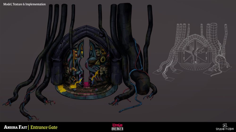 The entrance gate in the lobby of the game reignbreaker together with it's wireframe version