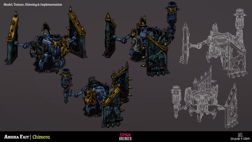 The boss enemy 'Chimera' from the game Reignbreaker together with it's wireframe version