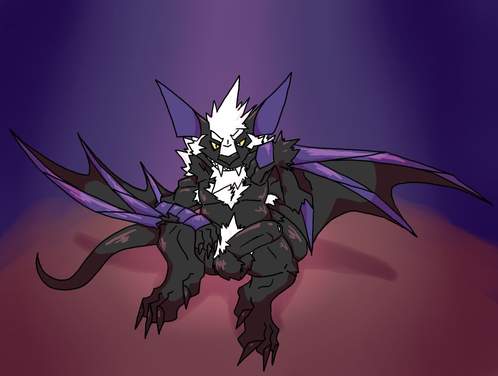 the fantasy AU version of my fursona, a bat-like creature with black and white fur, reclining nude in a relaxed pose with a provocative expression. he sits against a vague background that suggests a bed with red sheets in a dark blue-purple room with pink lighting
