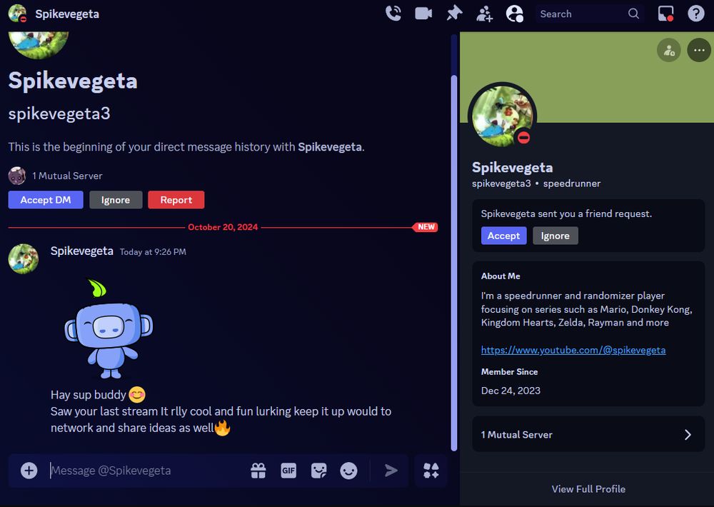 What I am assuming is a recruiter bot trying to scam me into engagement buying. The YT link does redirect to the right person, however, the twitch connection attached is wrong.
