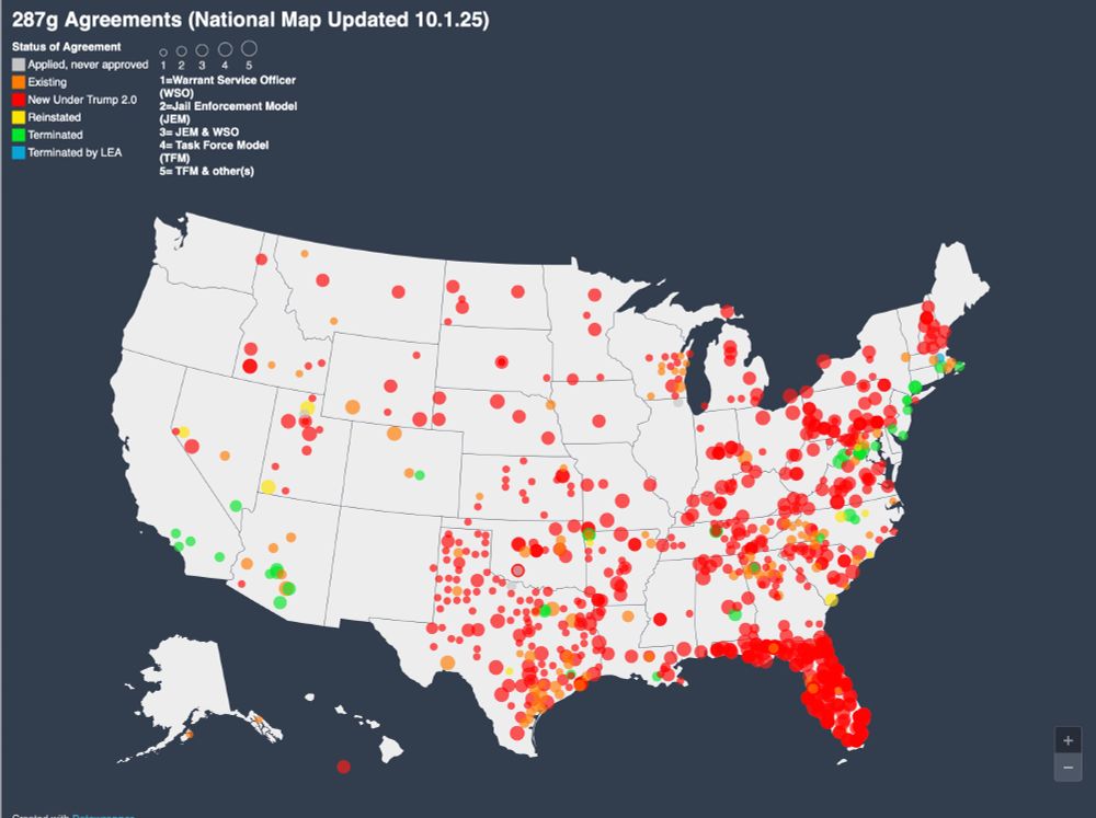 Map of 287g agreements. Red and orange are hard to tell apart, and not a fan of circle size to distinguish things here, but it gets the point across. Source: https://www.ilrc.org/practitioners/national-map-287g-agreements