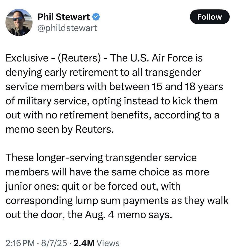 Reuters report that military won’t let senior trans ppl retire but force them to quit, to screw w their benefits, etc.