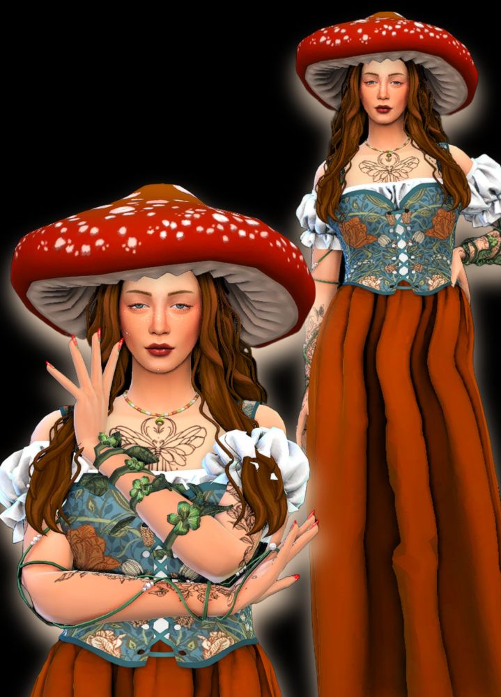fem pale sim, long brown hair, blue eyes. mushroom hat. white dots on her face. corset dress, leaves on her arms! 