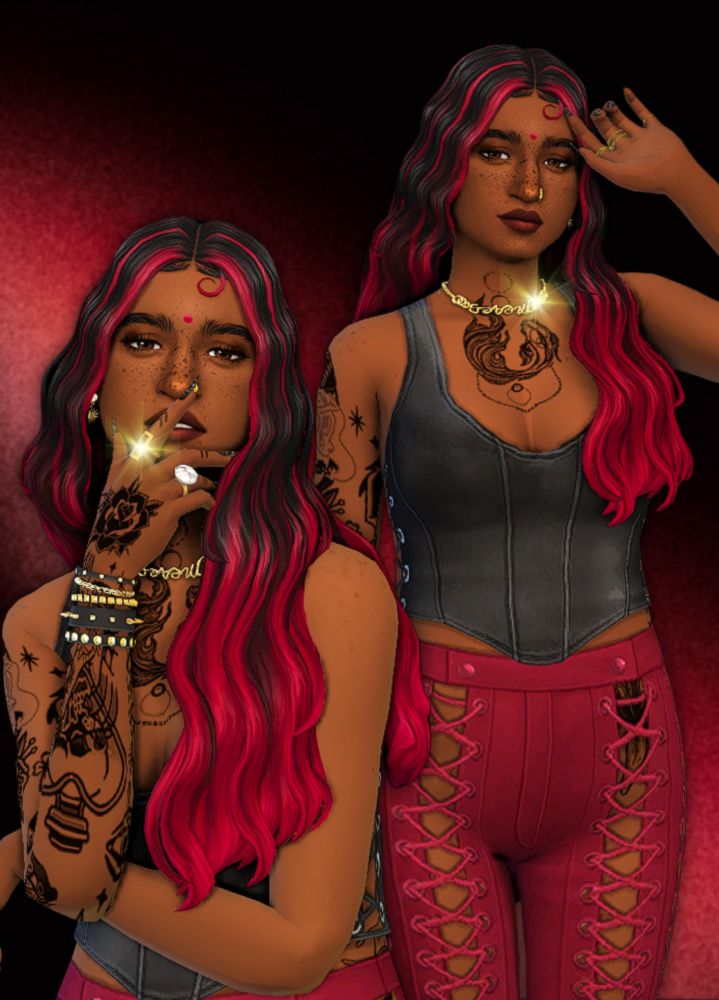 fem sim, she has long black hair that has hot pink highlights that lead to full pink ends. she has a pink bindi. gold jewelry. tattoos. she has a black tank top, and hot pink pants! 