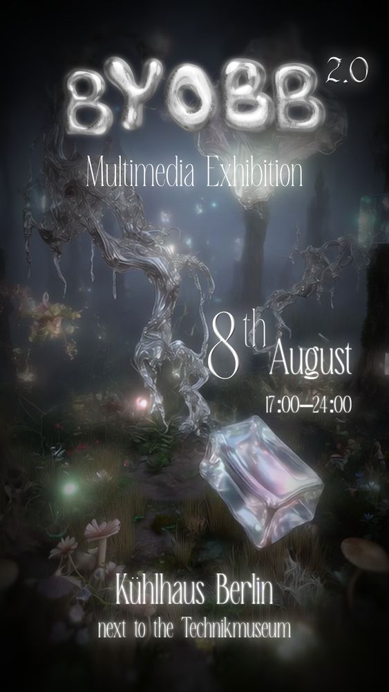Flyer showing a CGI background of some sort of alien forest, overlaid with text which reads:

BYOBB
Multimedia Exhibition
8th August 
17:00-24:00
Kühlhaus Berlin
next to the Technikmuseum