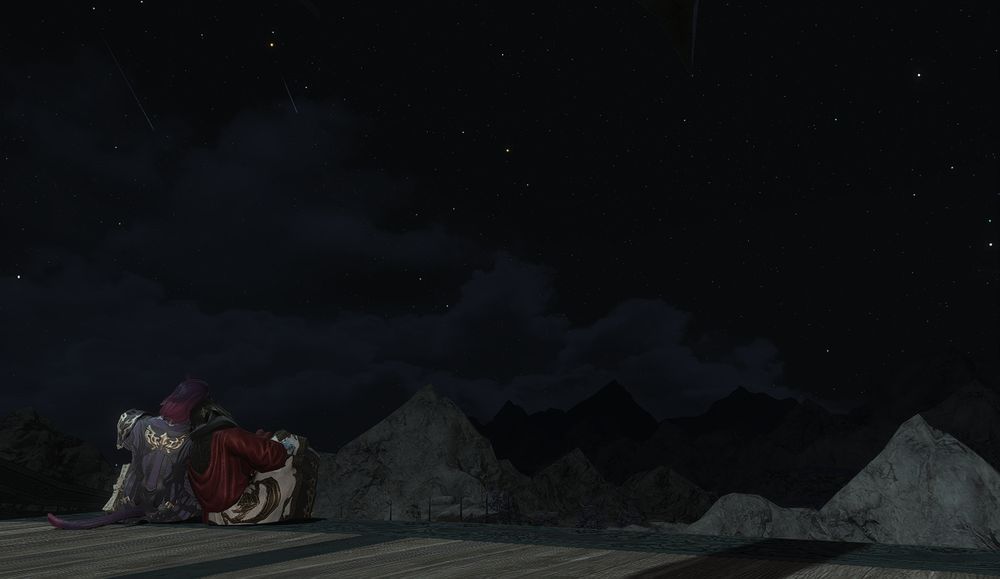 B'onggo and the Crystal Exarch sit together on a platform in the Crystarium gazing upon the night sky.
