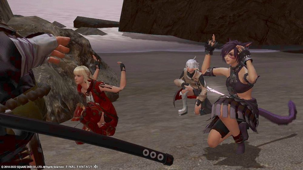 A screenshot of a Stormblood cutscene where Lyse, B'runi, and Gosetsu's arms are all twisted in various unnatural directions.