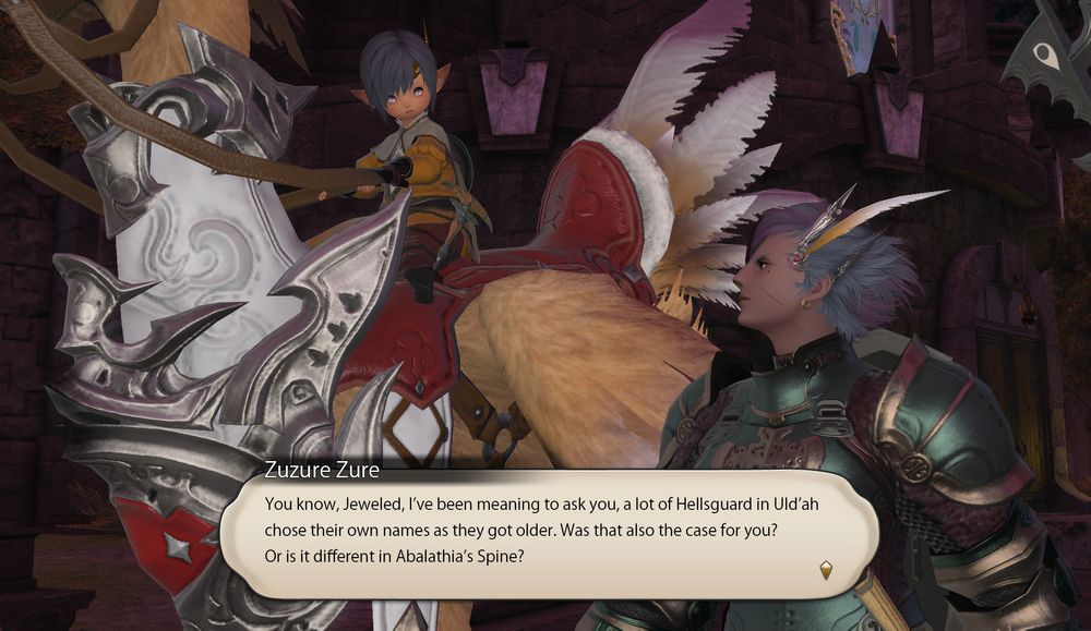 Zuzure Zure rides Tunafin the draught chocobo next to Jeweled Carp as they walk through Mor Dhona.

Zuzure asks, "You know, Jeweled, I’ve been meaning to ask you, a lot of Hellsguard in Uld’ah chose their own names as they got older. Was that also the case for you? Or is it different in Abalathia’s Spine?"